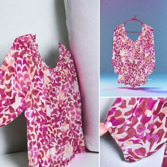 Elle l Pink Cream White l Sheer l Top, Blouse l 3/4 sleeve l 1X - Picture 2 of 7